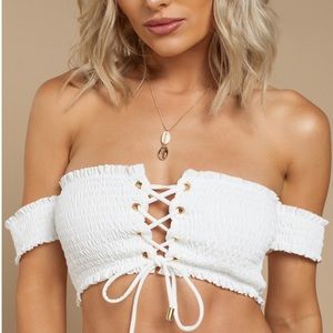 Smocked Lace Up Off the Shoulder Bikini Top